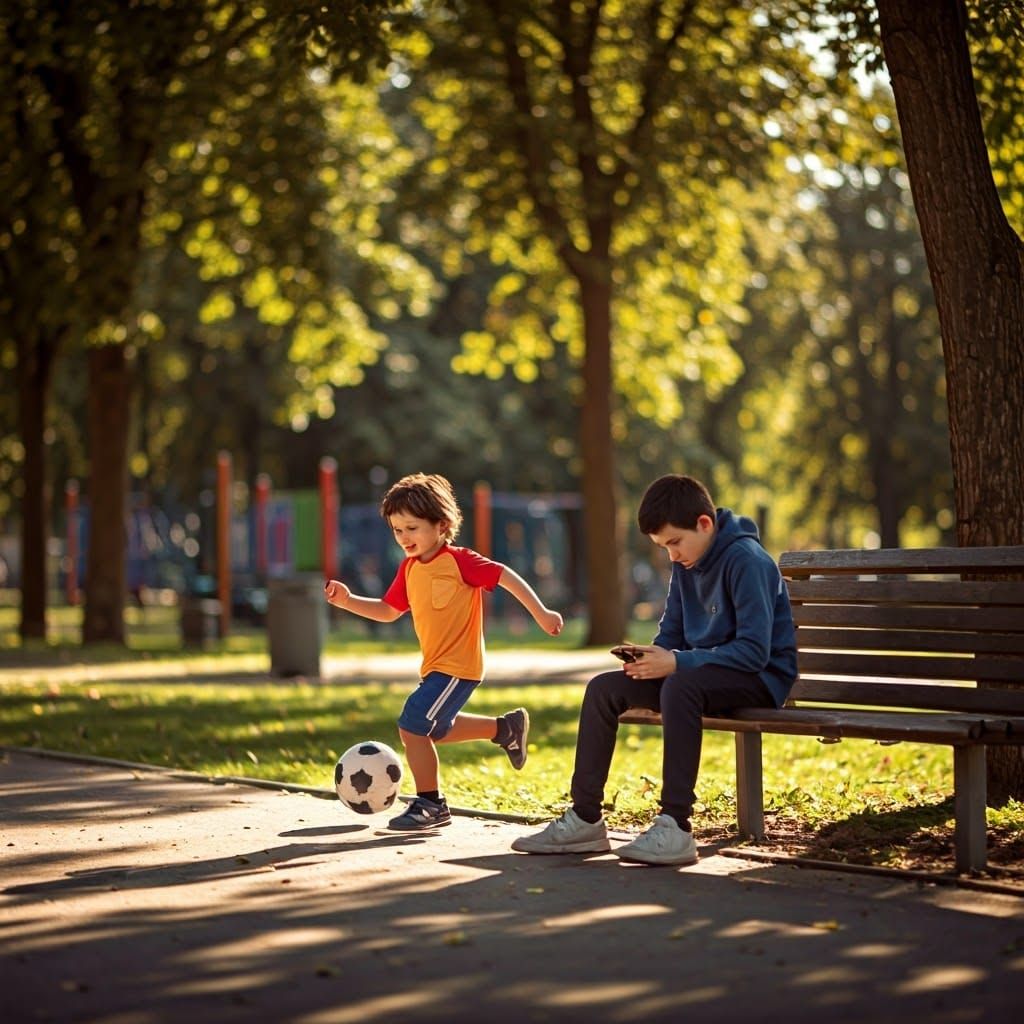 Joyful Childhood vs Isolated Technology in a Vibrant Park