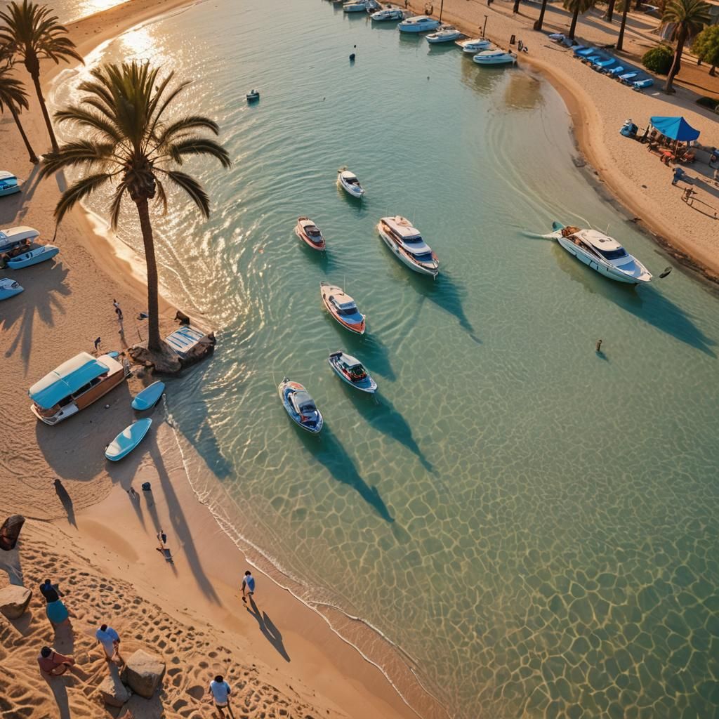 Cyprus Beach Sunset: Yachts and Dolphins in Warm Light