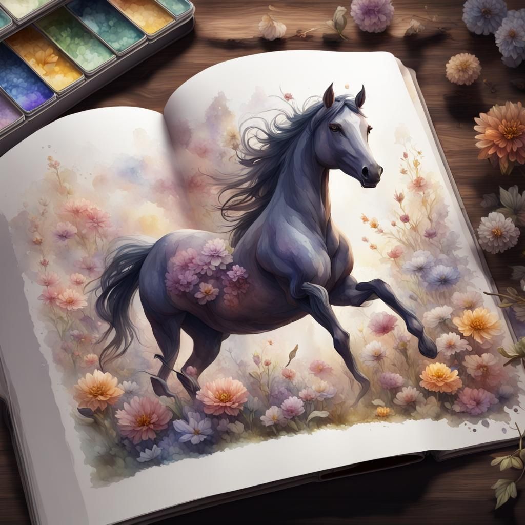Watercolor Book with Horses and Pastel Flowers