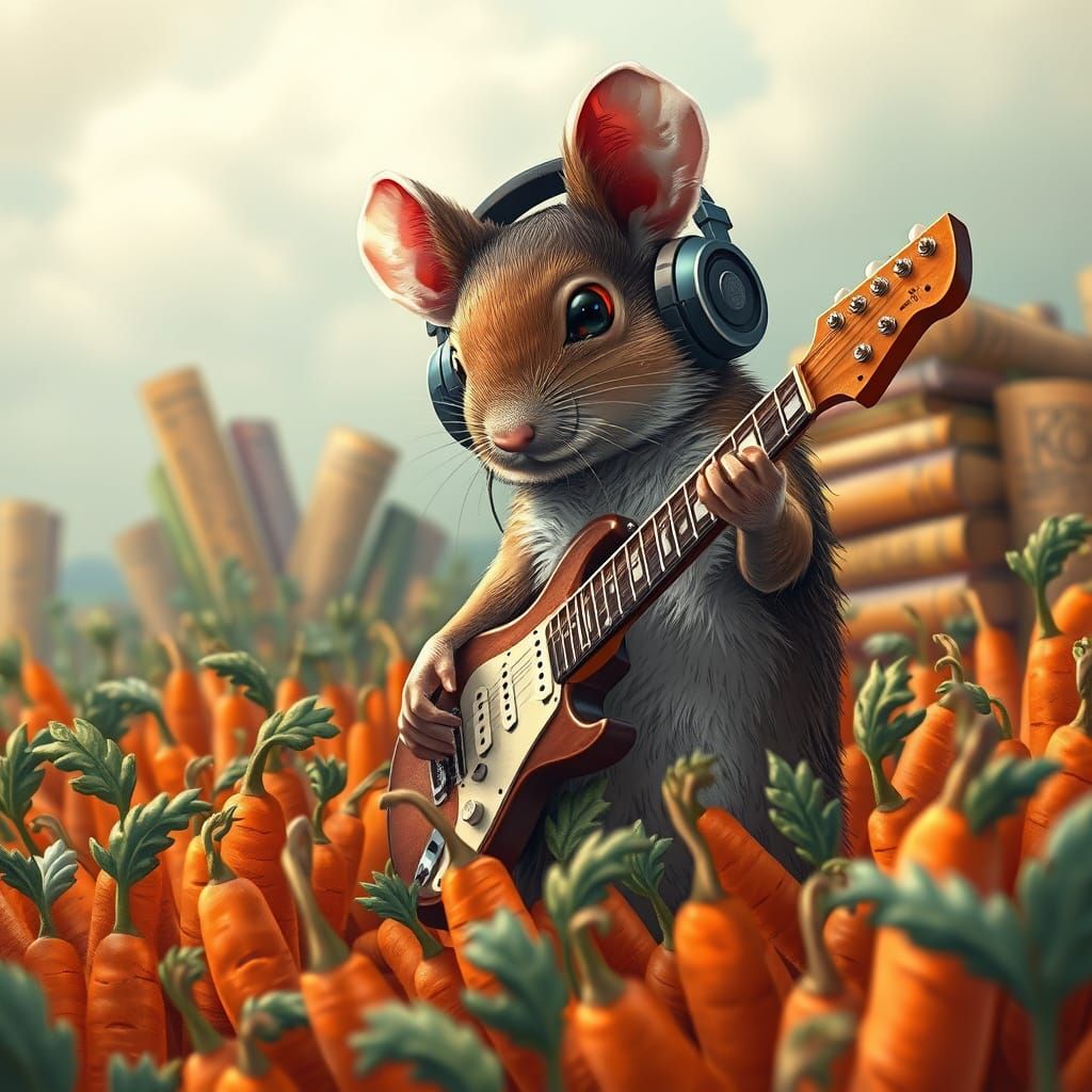 Mouse Musician in Carrot Field, Surrealist Illustration