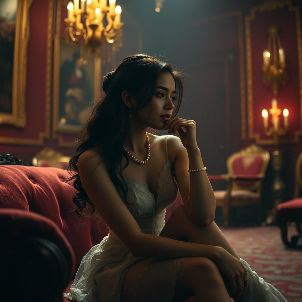 Anxious Woman in Velvet Chamber, Photorealistic Style