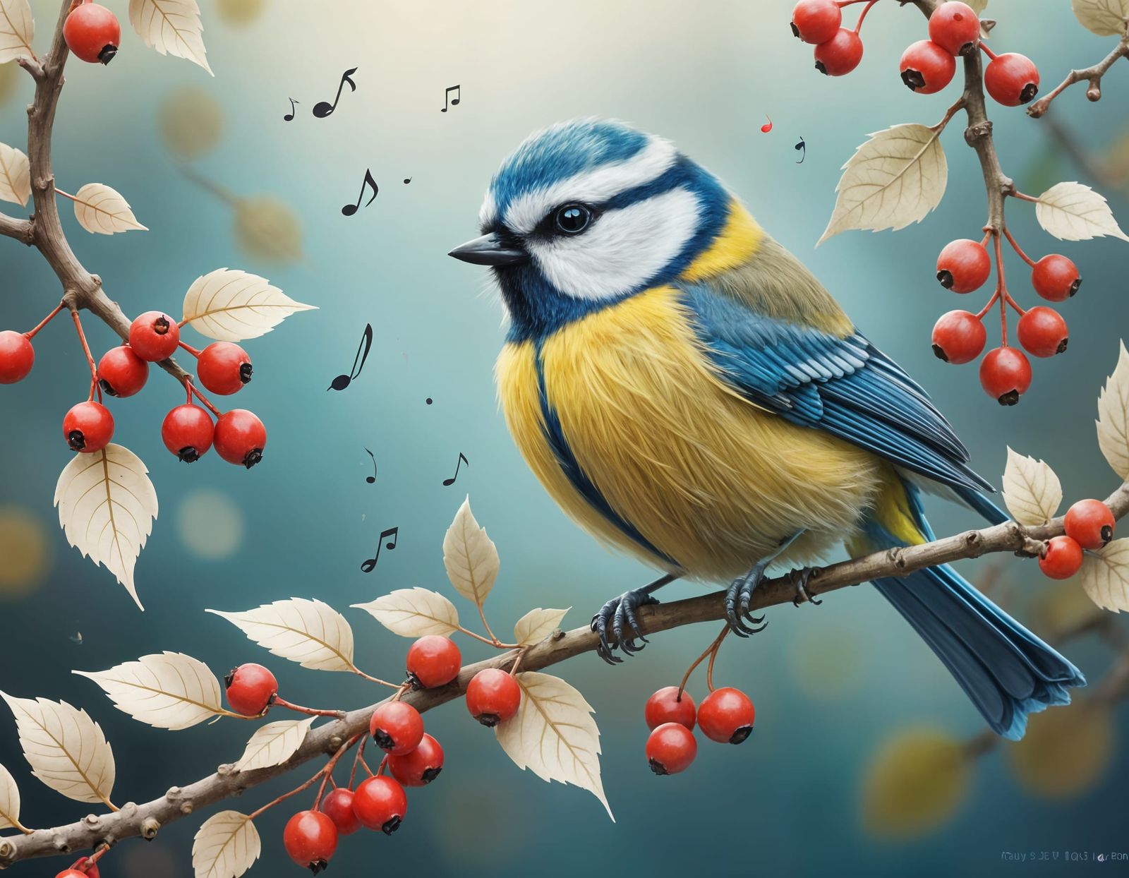 Whimsical Bird Made of Music Notes in Spring Garden