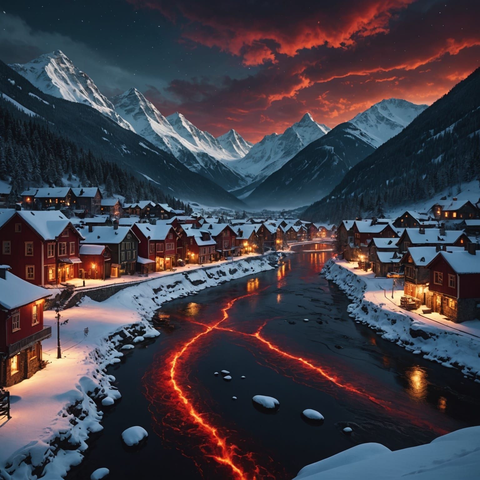 Cinematic River of Red in Snowy Mountain Town