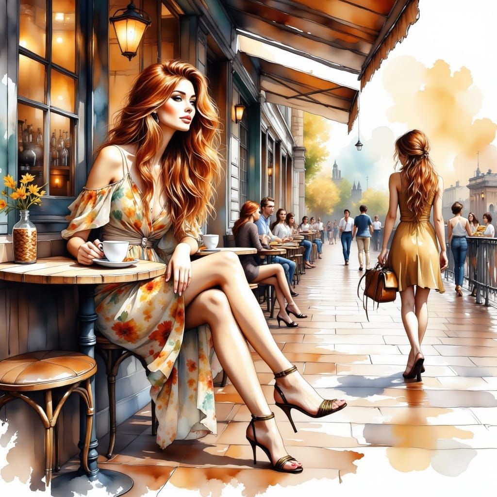 Elegant Woman Sipping Coffee at Parisian Café