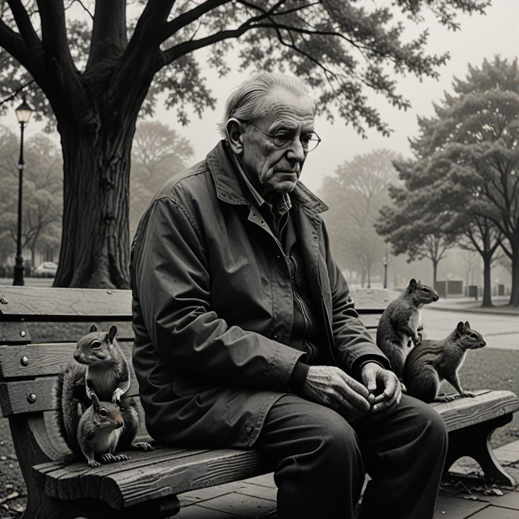 Lonely Old Man Feeds Squirrels in a Monochromatic Charcoal S...