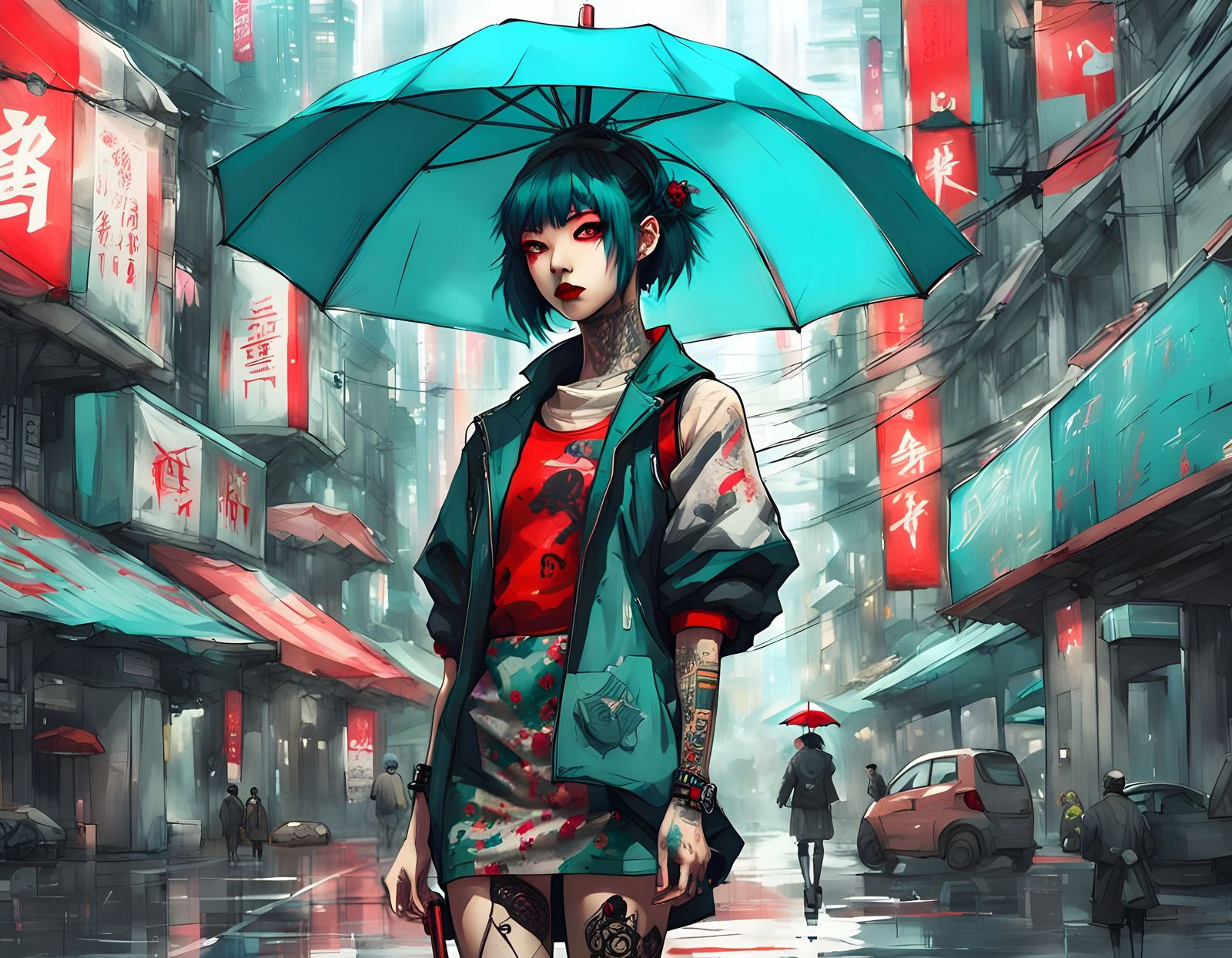 Cyberpunk Kawaii Japanese Waifu with Red Umbrella
