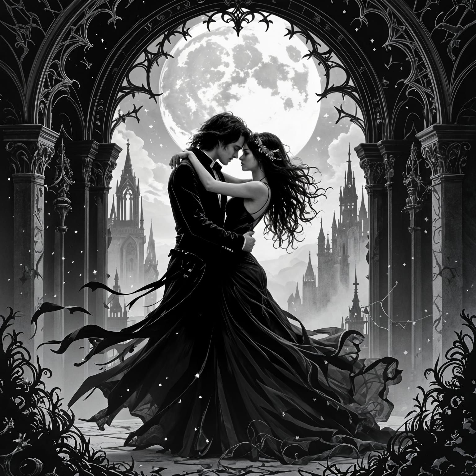 Lovers Entwined: A Gothic Celestial Illustration