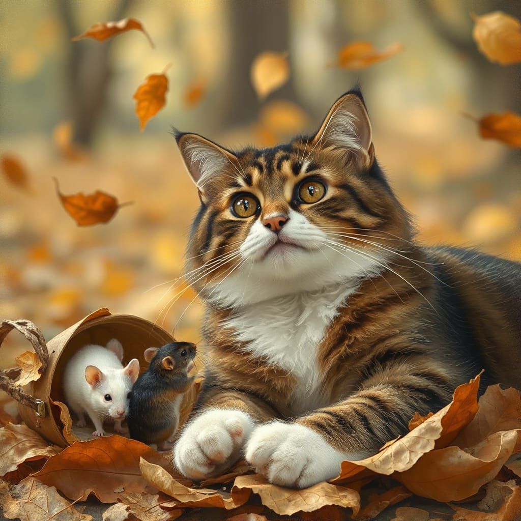 Cat Watches Mice Play in Autumn Leaves