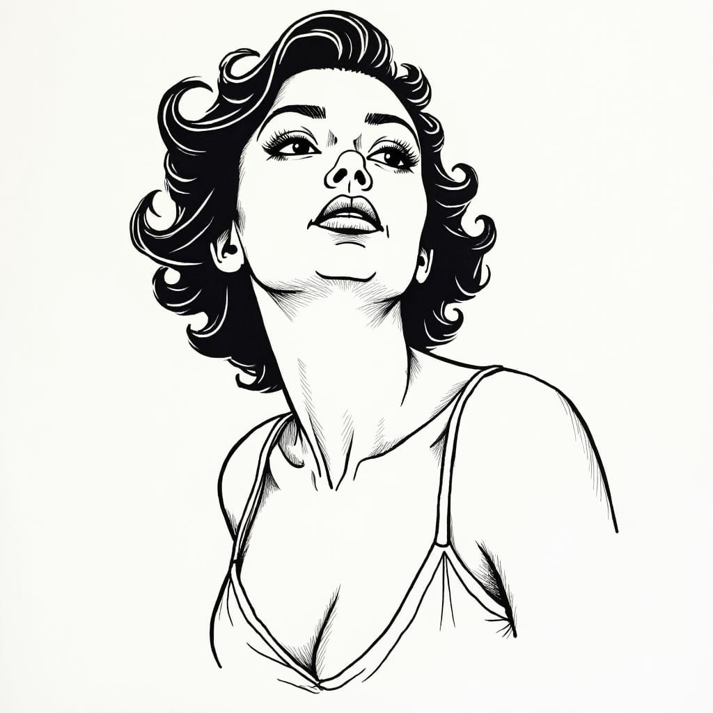 Whimsical Ink Drawing of a Beautiful Woman