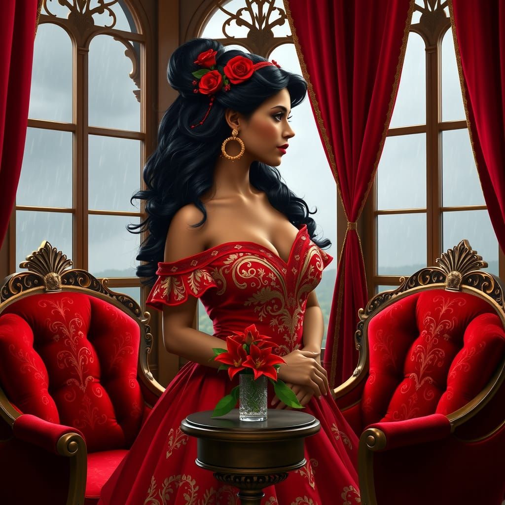 Glamorous Red Ball Gown Portrait in Concept Art Style