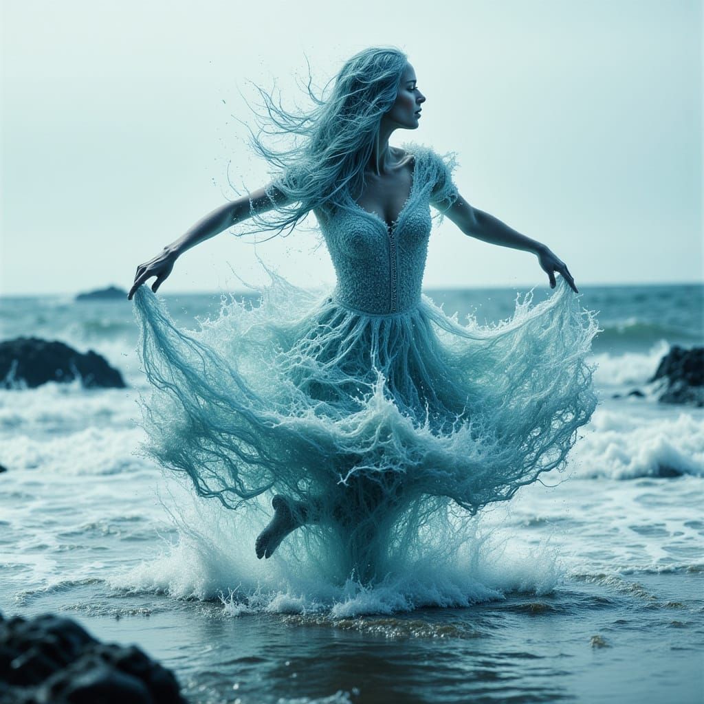 Surreal Dancer with Ocean Waves in Elegant Concept