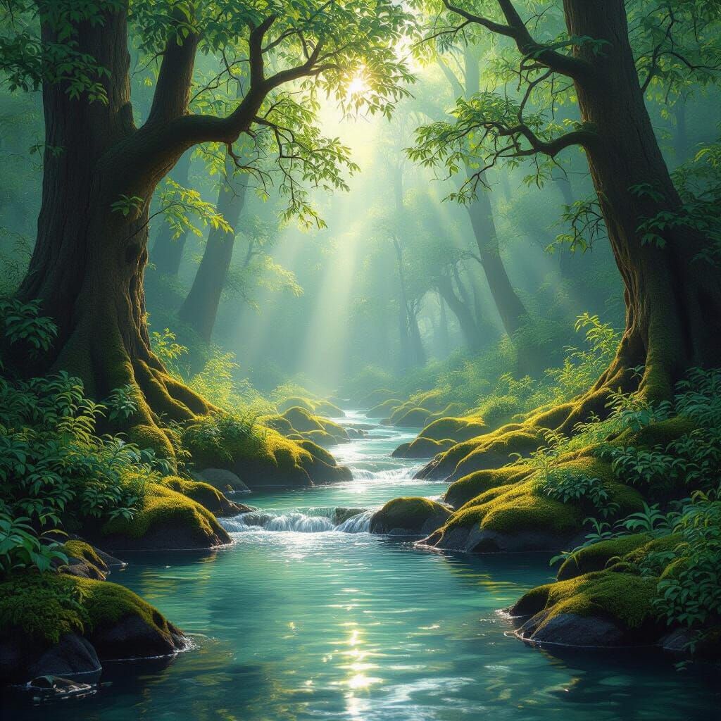 Hidden Forest Clearing With Crystal River In Dappled Sunligh...