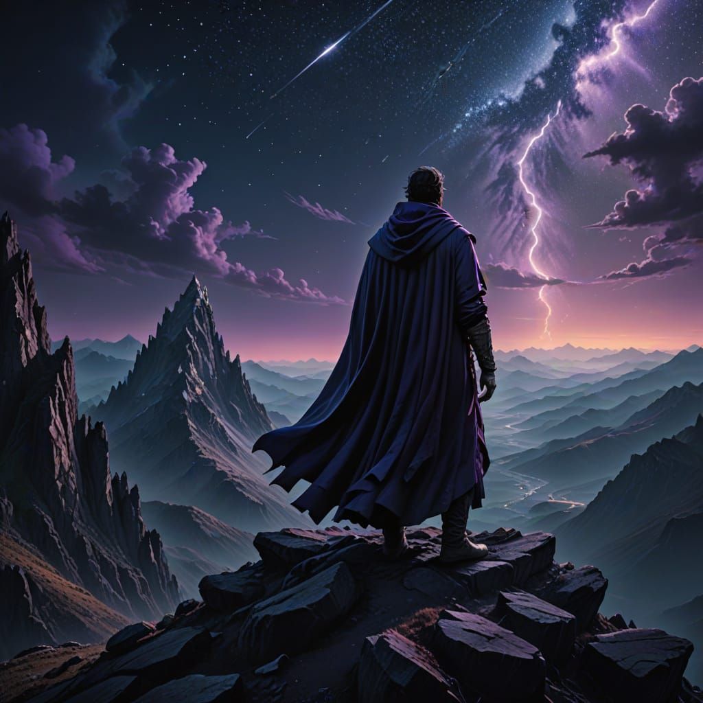 Mysterious Figure on Mountain Peak in Digital Matte Painting...