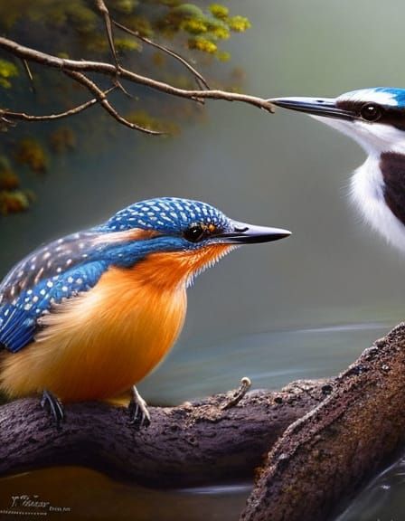 Kingfisher Family Portrait in Foggy Pond