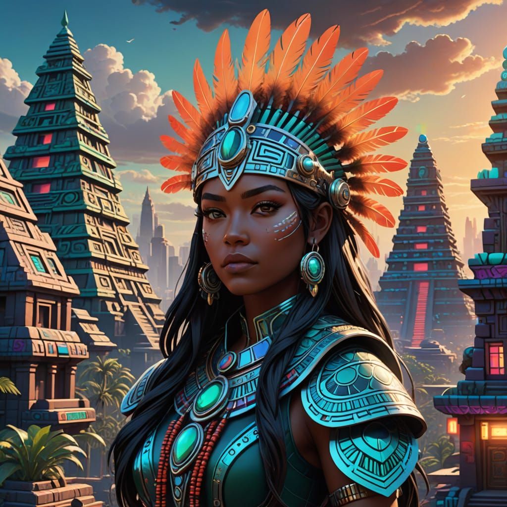 Vibrant Aztec Goddess in Futuristic Cityscape