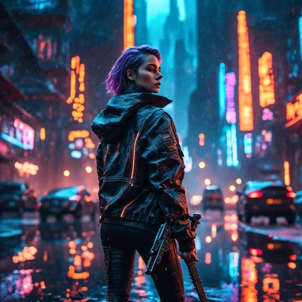 Cyberpunk Adventurer in Neon Cityscape