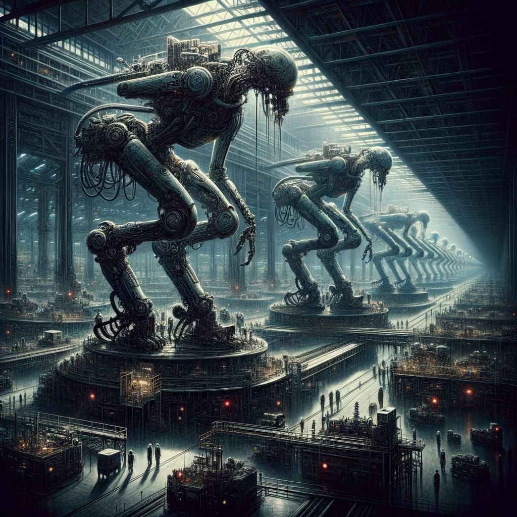 Biomechanical Robots in a Futuristic Dark Factory