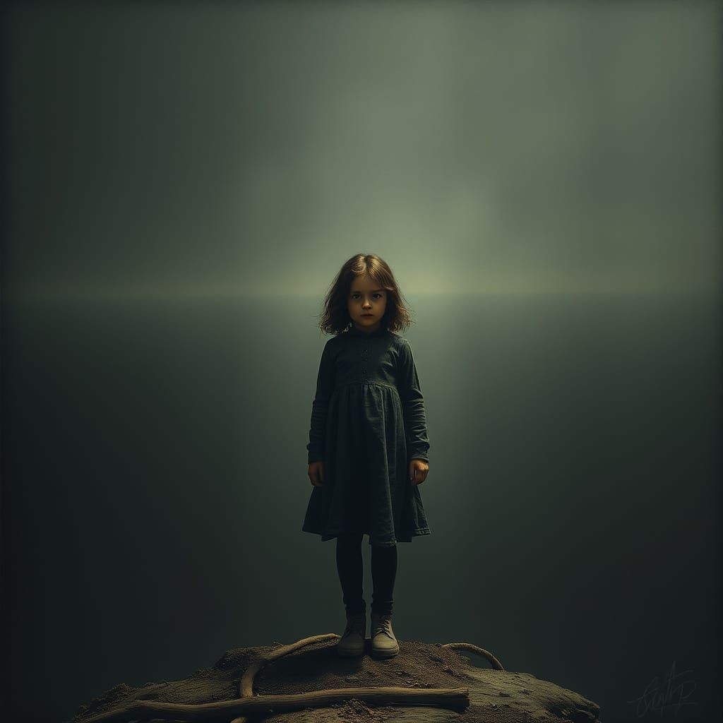 Girl Standing at Void's Edge, Haunting Surrealistic Landscap...