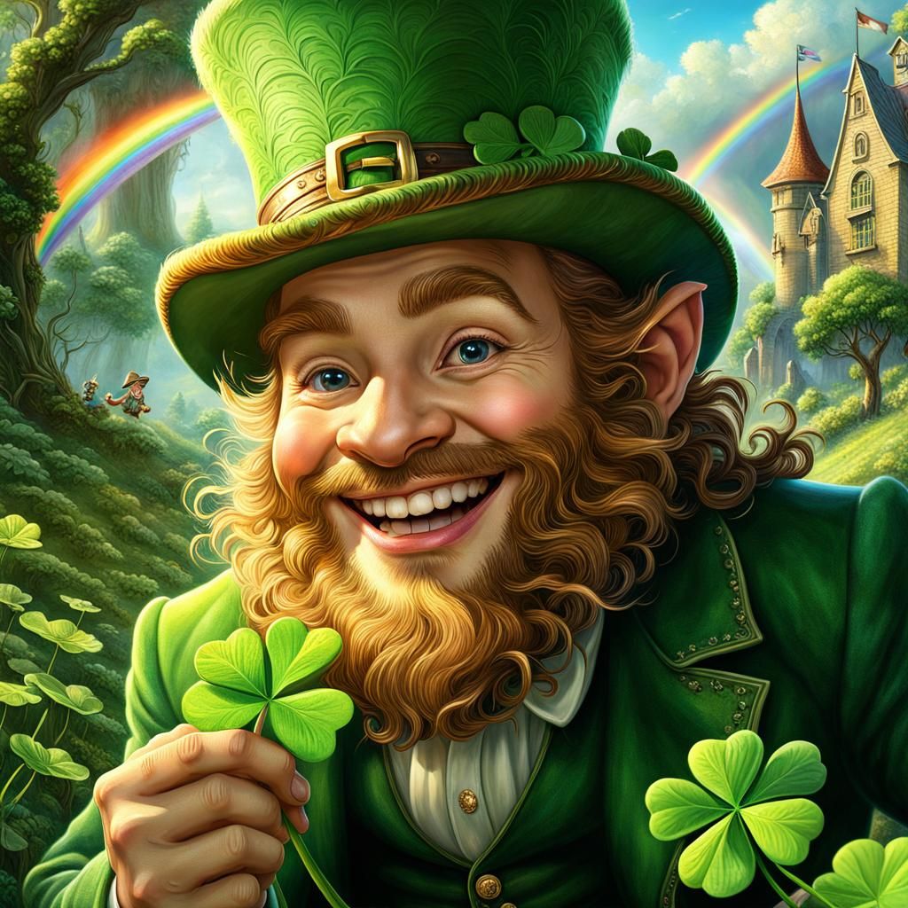 Joyful Leprechaun Gathering Clovers in Hyperrealistic Style