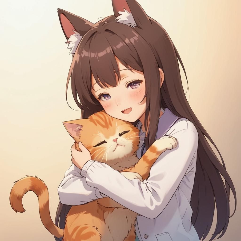 Anime Girl Hugging Cat in Moe Style