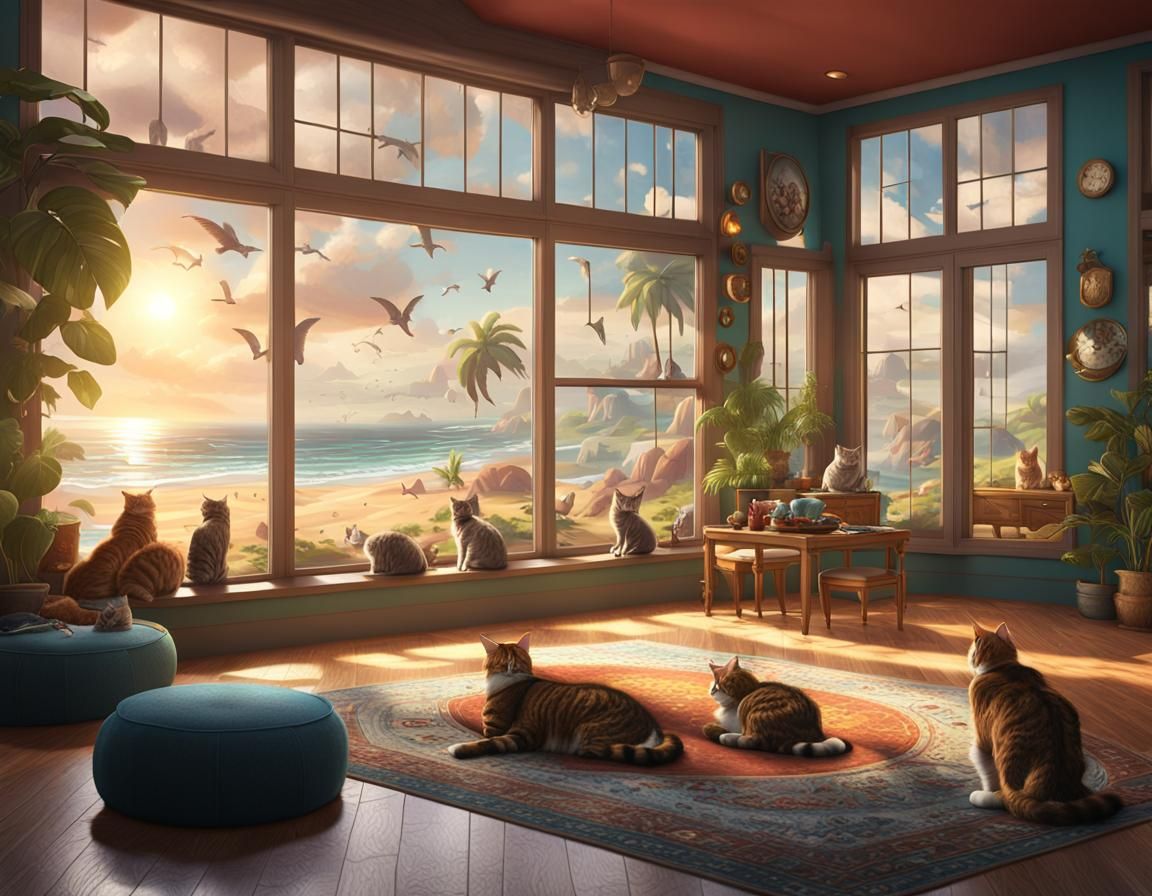 Modern Cat Room with Beach View, Detailed Digital Painting