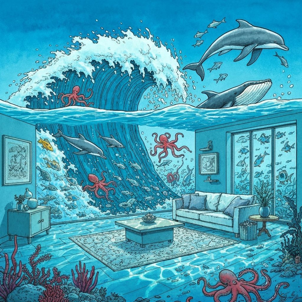 Colossal Wave Submerges Living Room in Tintin Comic Style