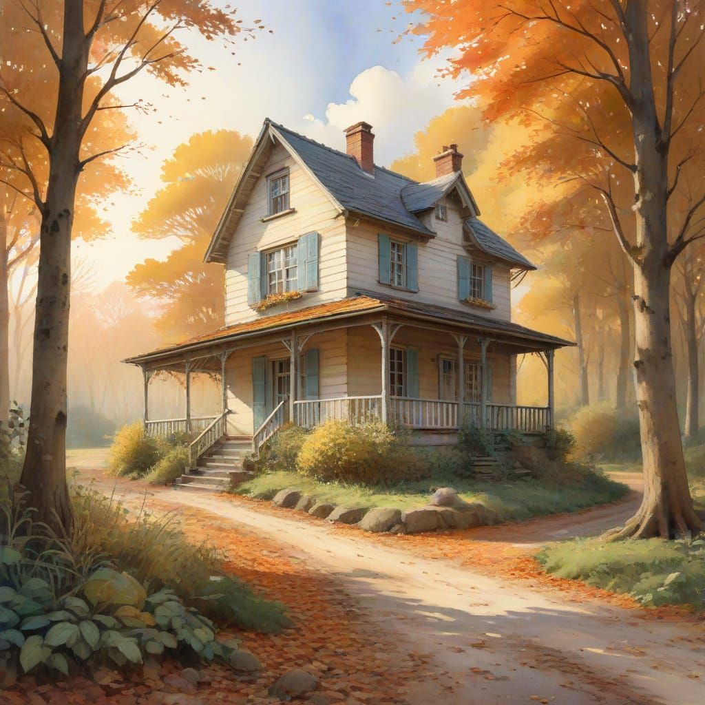 Autumn House Watercolour Painting in Whimsical Style