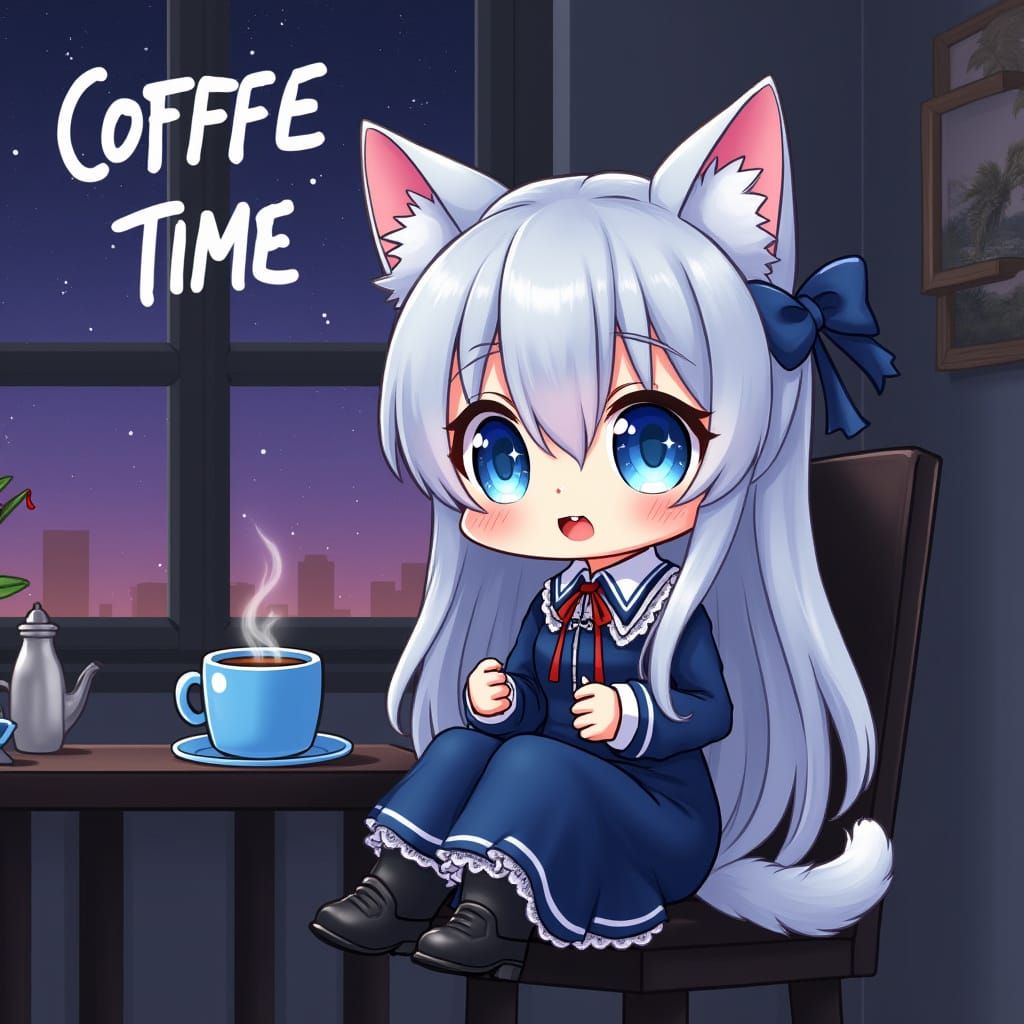 Chibi Anime Catgirl's Coffee Time: Synthwave Style