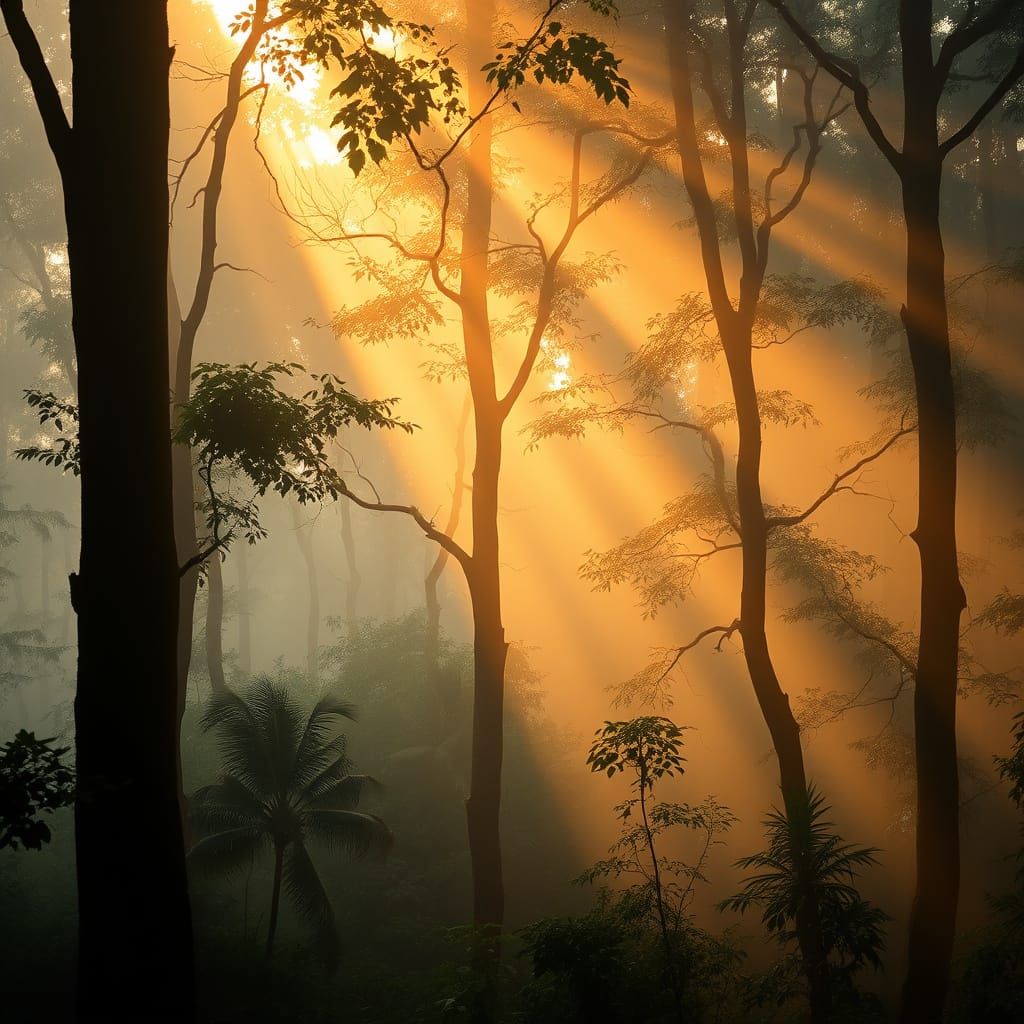 Misty Thai Forest at Dawn with Golden Light Rays