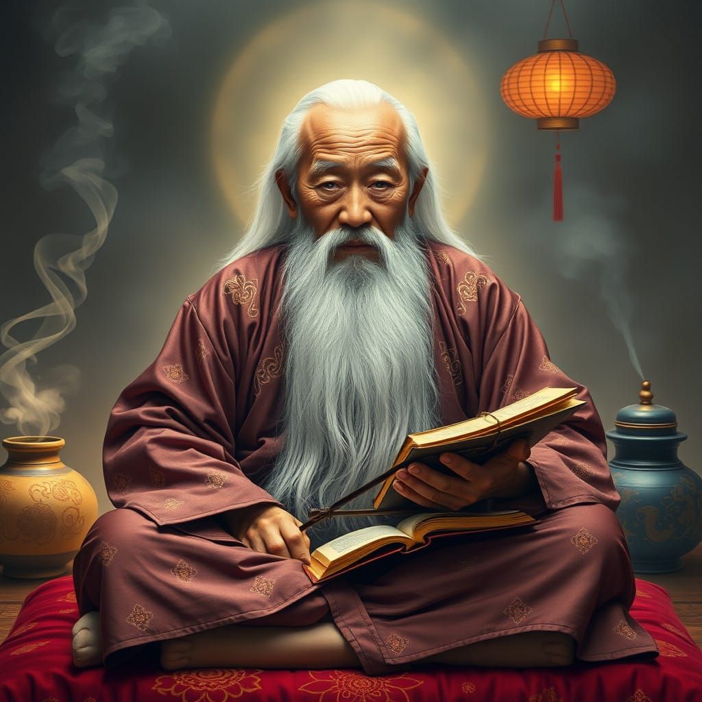 Mystical Asian Sage Amidst Ethereal Glow