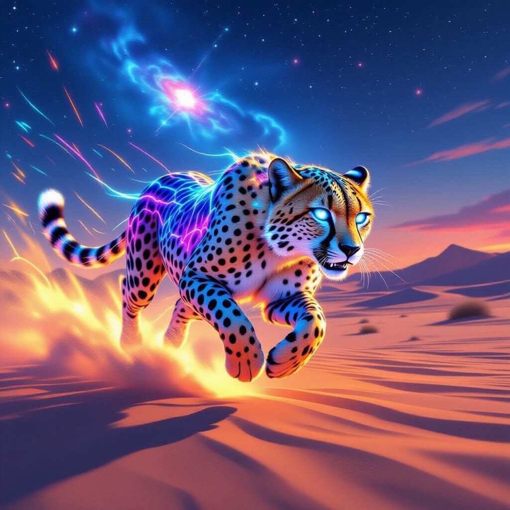 Bioluminescent Cheetah in Futuristic Desert
