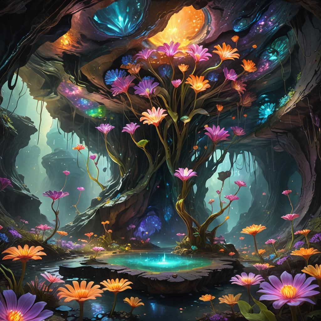 Alien Flora in Glowing Cave: Digital Art