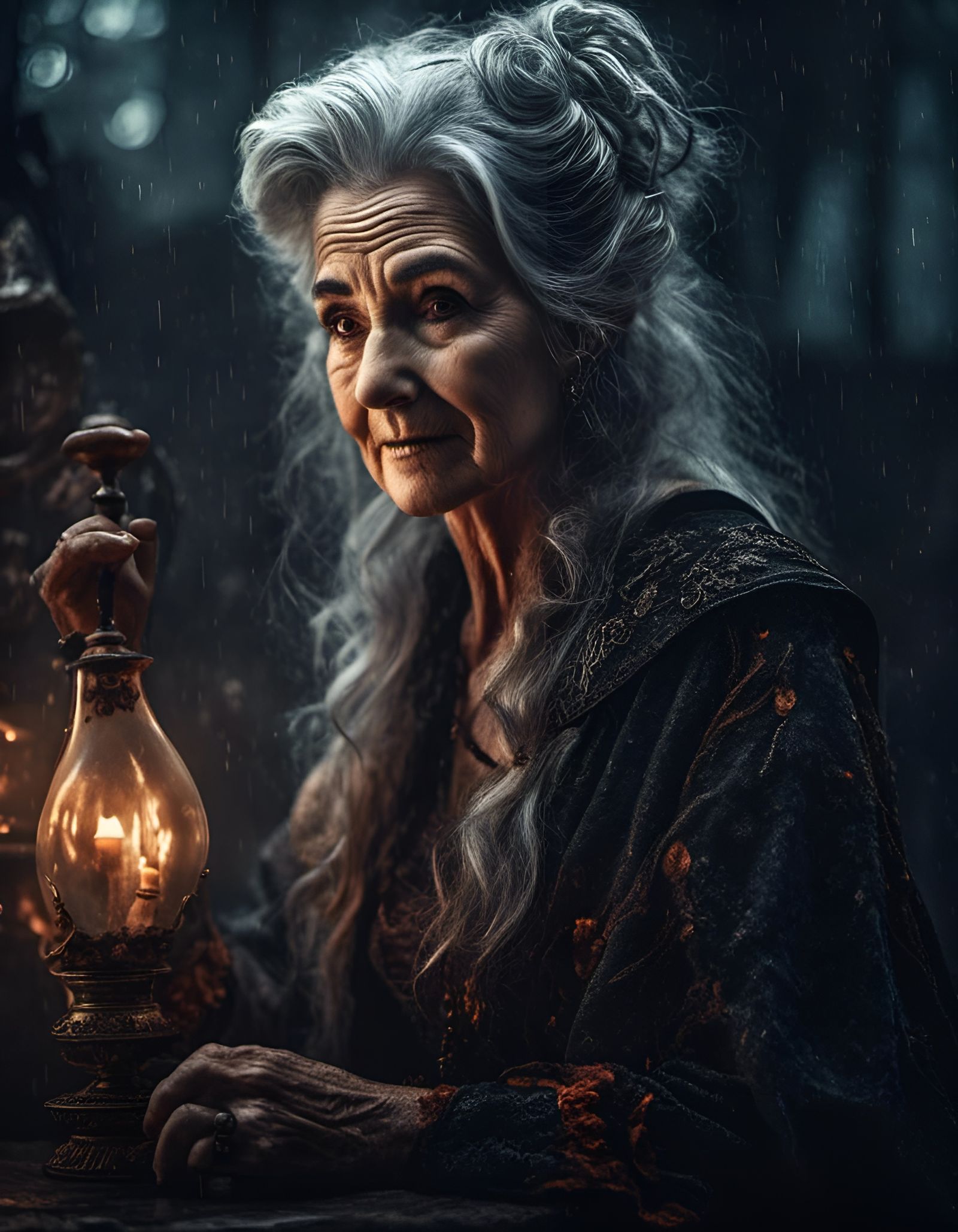 Cinematic Portrait of an Old Grey-Haired Witch