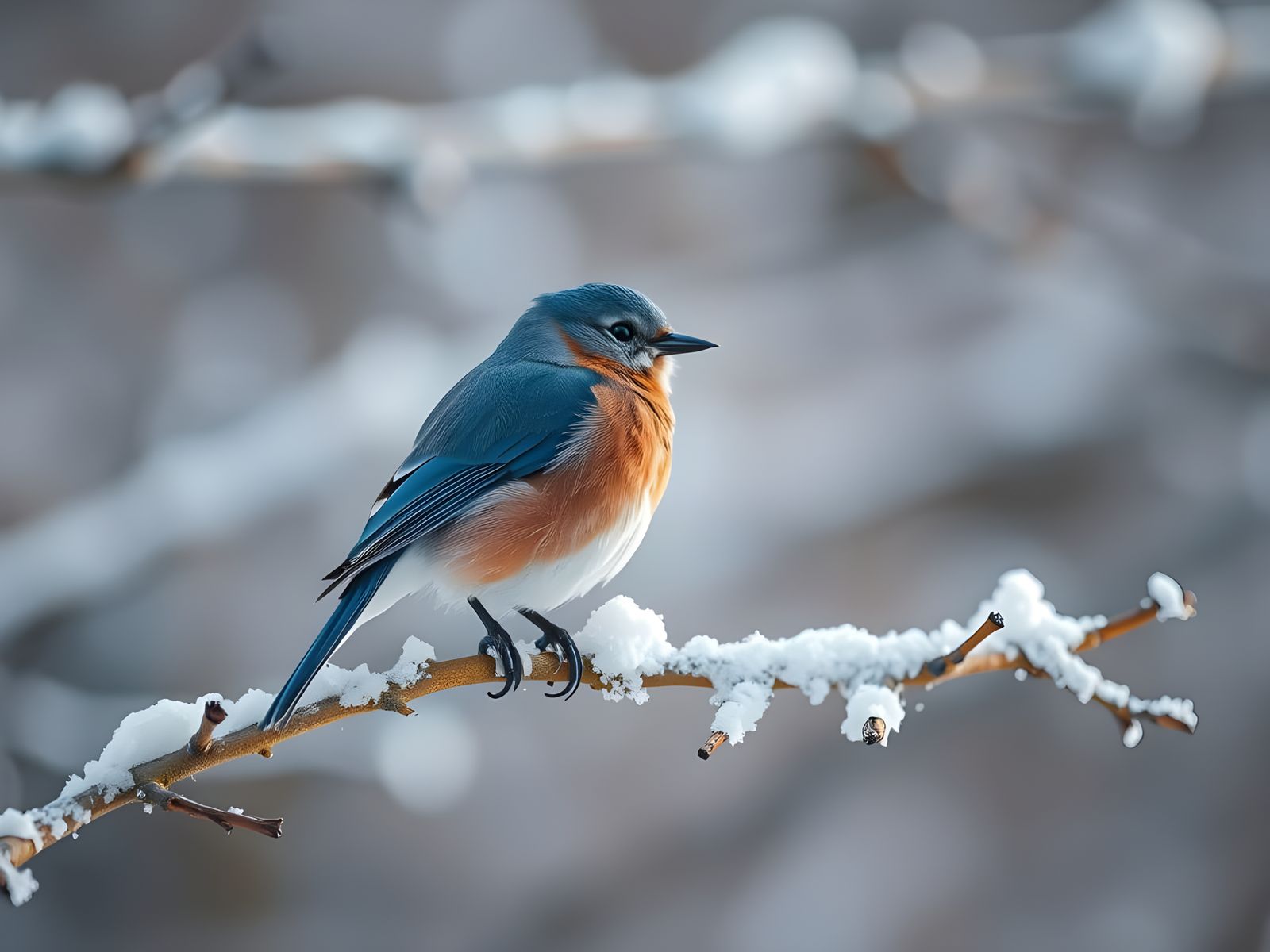 Blue Bird on Snowy Branch in Winter