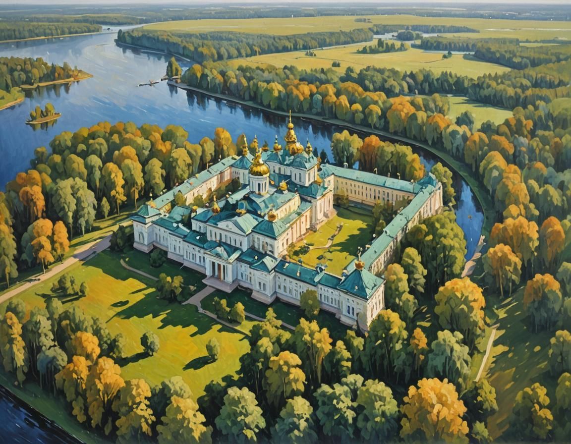 Tsarskoye Selo Aerial View in Oil Painting