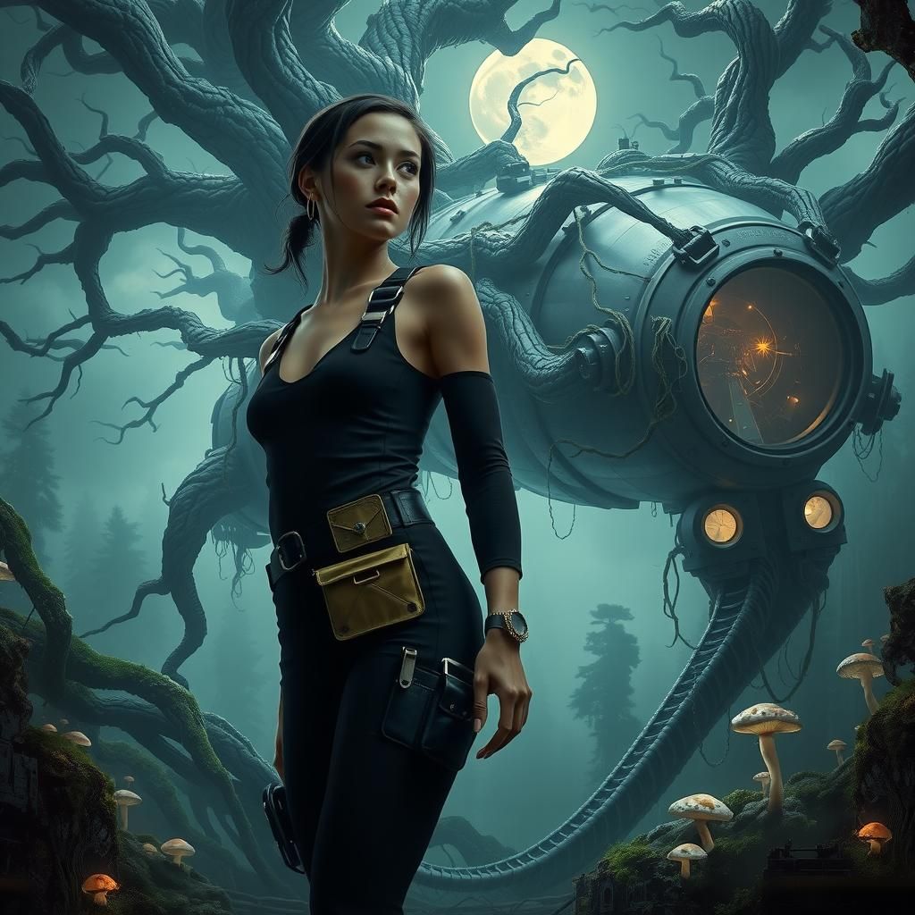 Woman Pilots Tree-Like Spaceship in Misty Forest