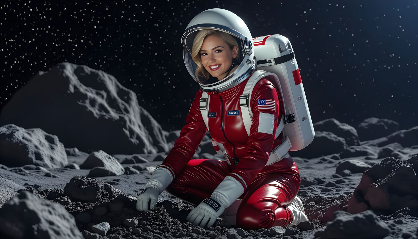 Paraguayan Astronaut Kneeling on Asteroid in Spacesuit