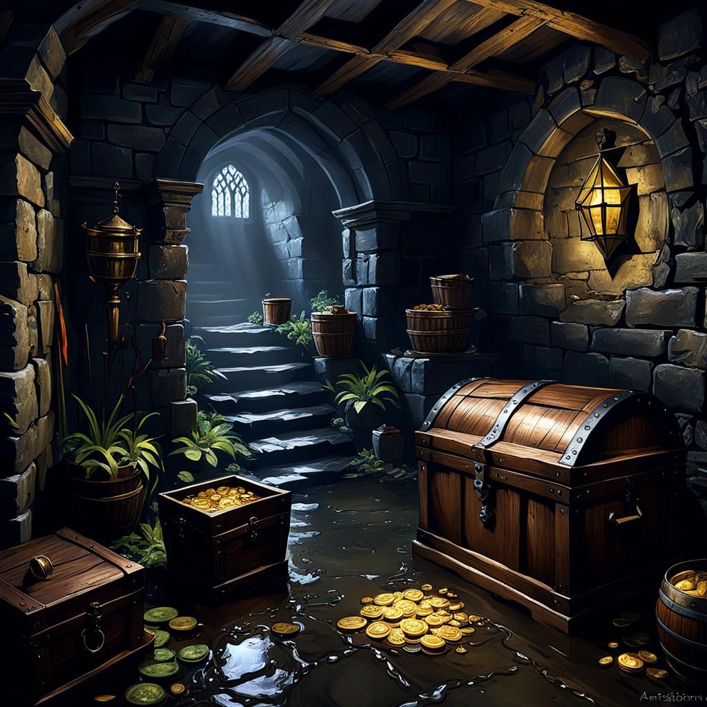 Medieval Lair with Treasure Chest in Impressionist Style