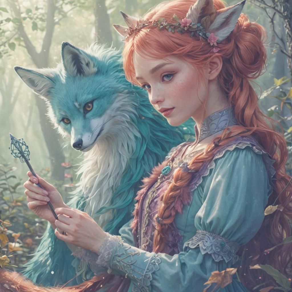 Whimsical Forest Muse and Magical Fox Illustration