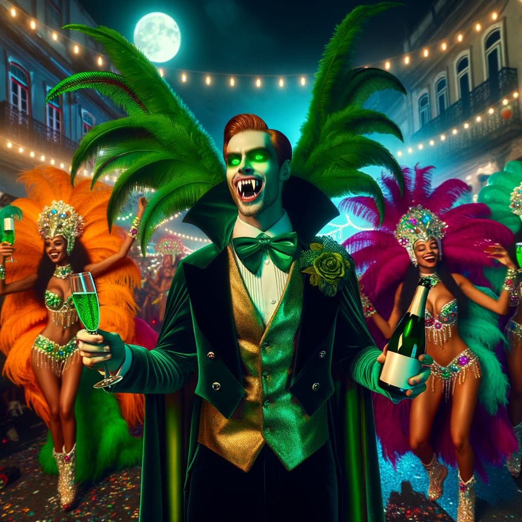 Elegant Vampire Leprechaun Reigns Over a Vibrant Carnival Pa...