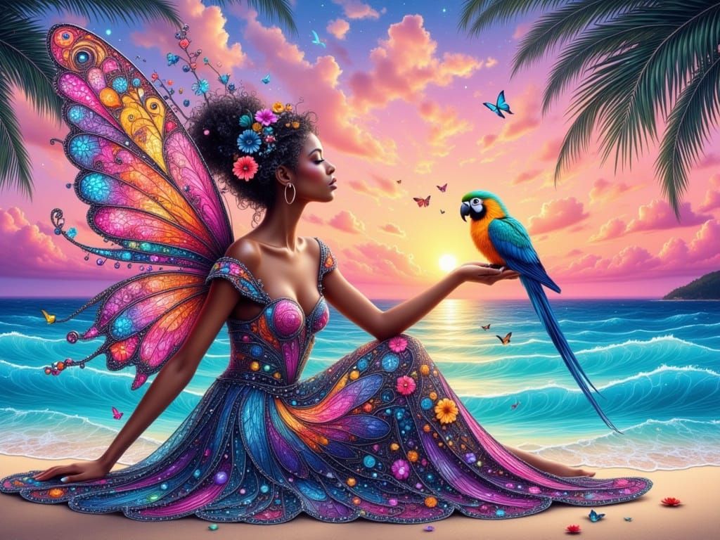 Caribbean Fairy with Parrot on Bioluminescent Beach