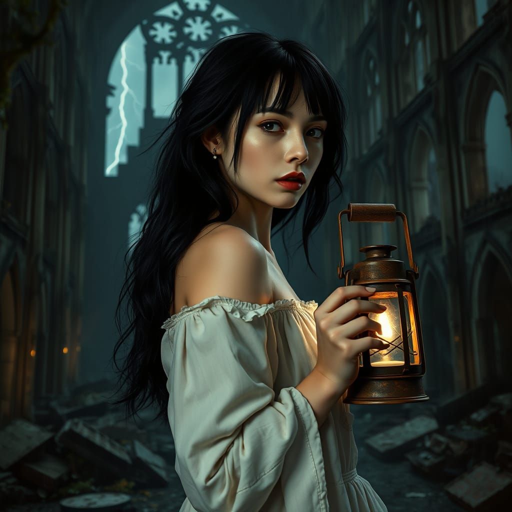 Ethereal Gothic Goddess in Stormy Ruins