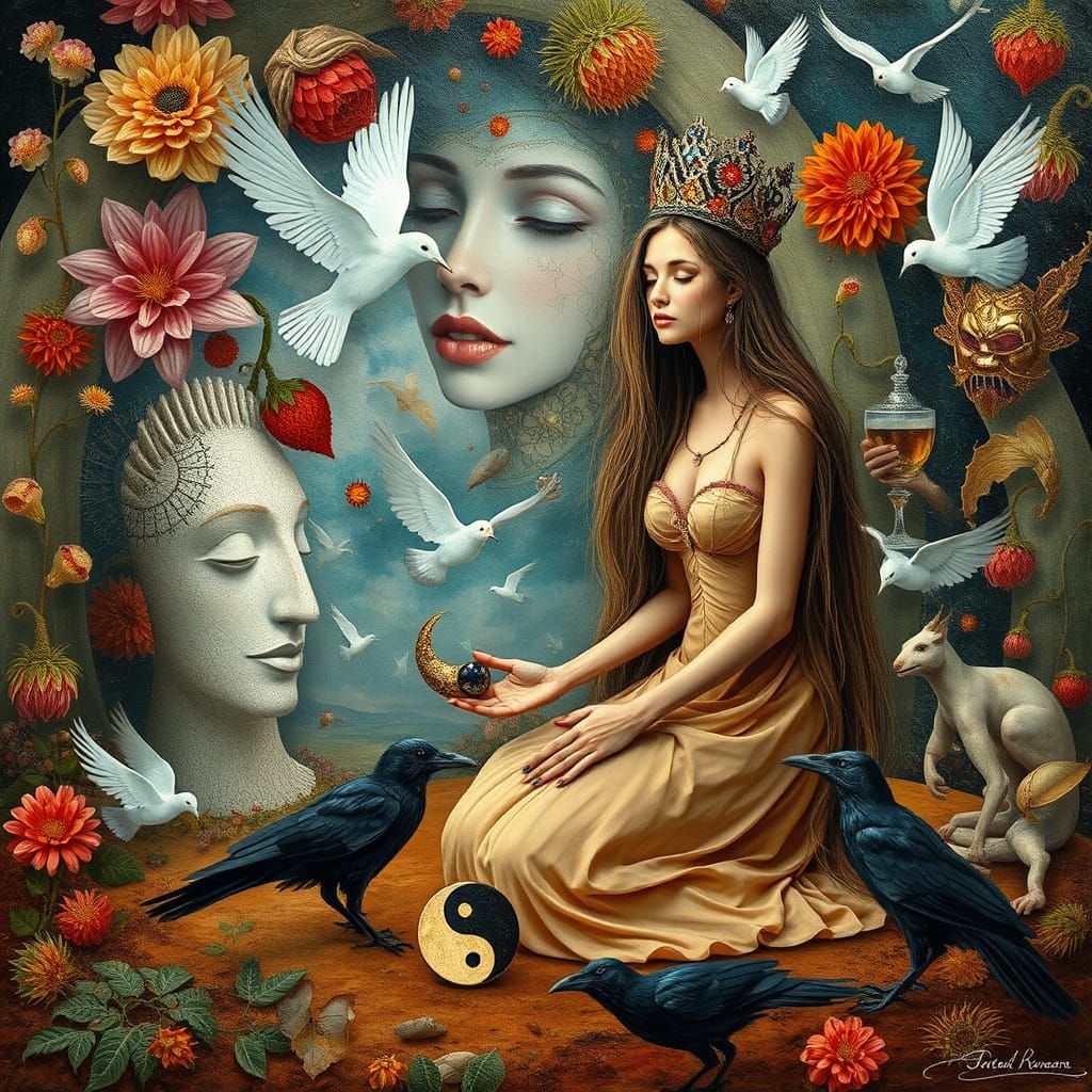 Surreal Garden Party with Dreamlike Creatures