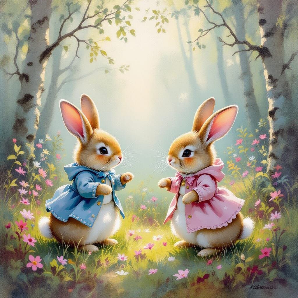 Rabbits Playing in Misty Forest, Impressionist Style