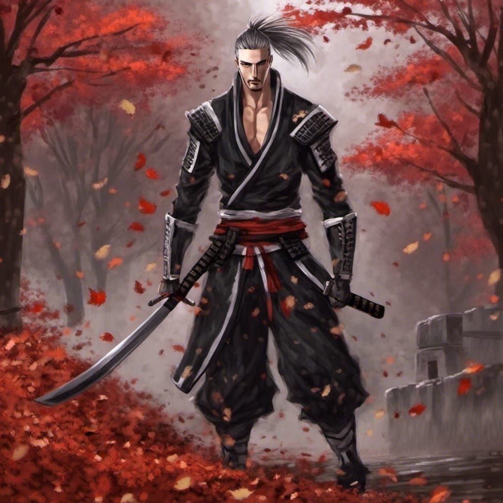 Anime-Style Samurai Portrait with Autumn Leaves
