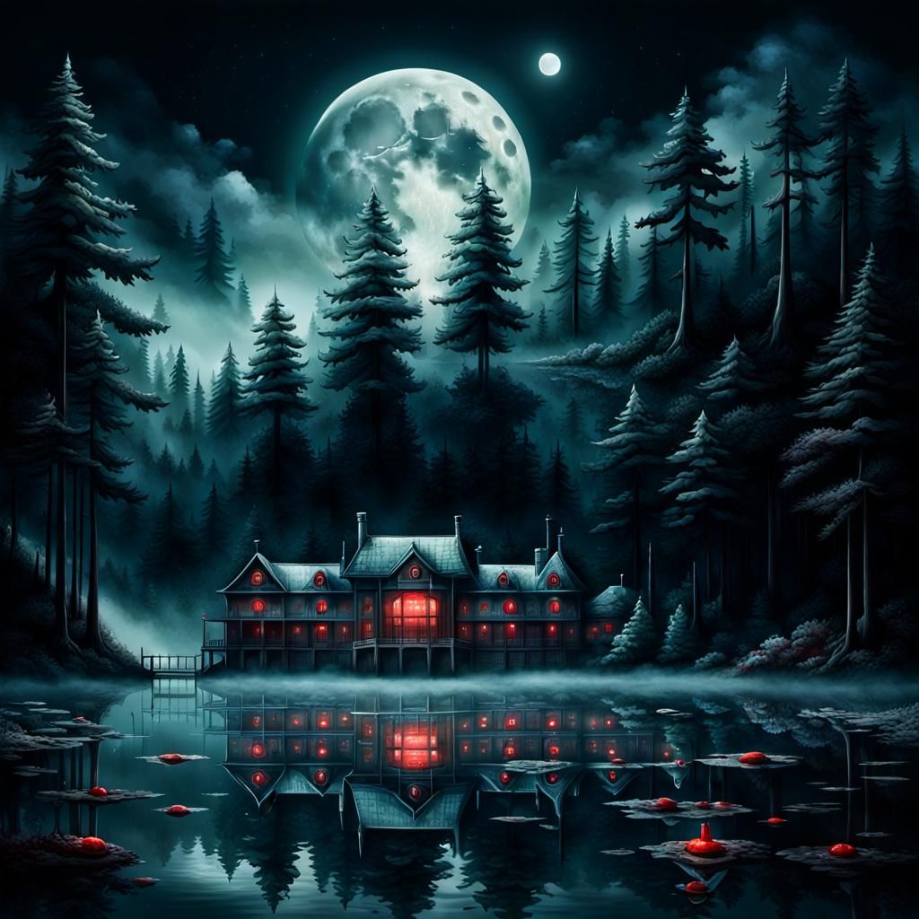 Surreal Lakeside Hotel in Ominous Blood Moon