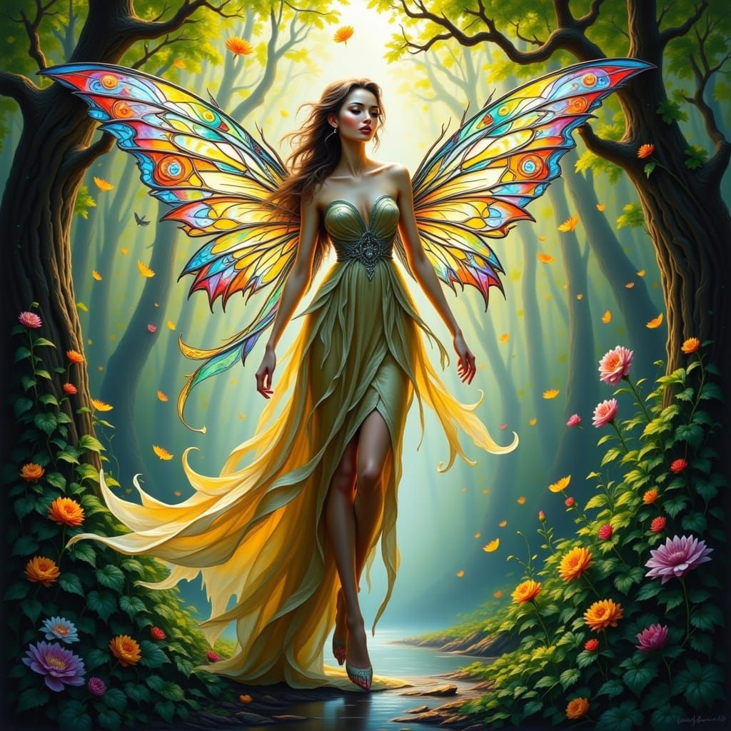 Ethereal Fairy Unfurls Vibrant Wings in Whimsical Forest