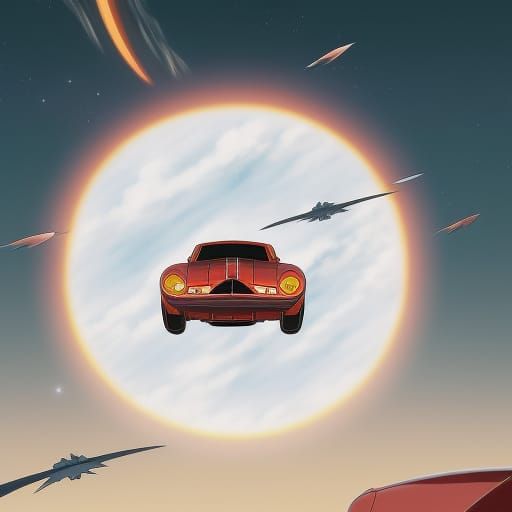 Red Muscle Car Flies Through Space: Anime Style