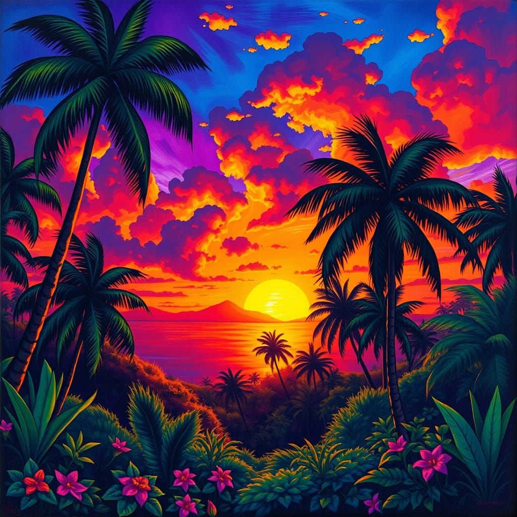 Exotic Jamaican Sunset with Tropical Palms