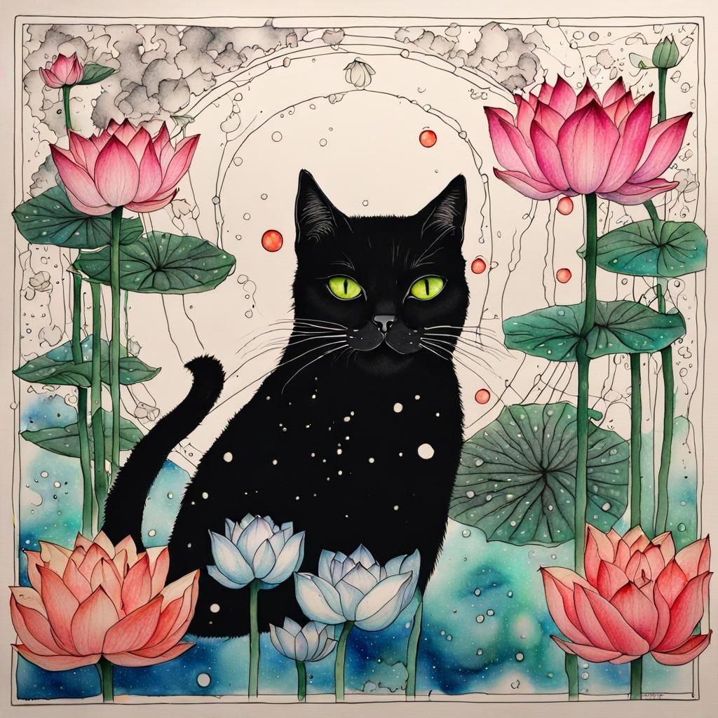 A black cat named Lotus surrounded by Lotuses a study ink ink and water color